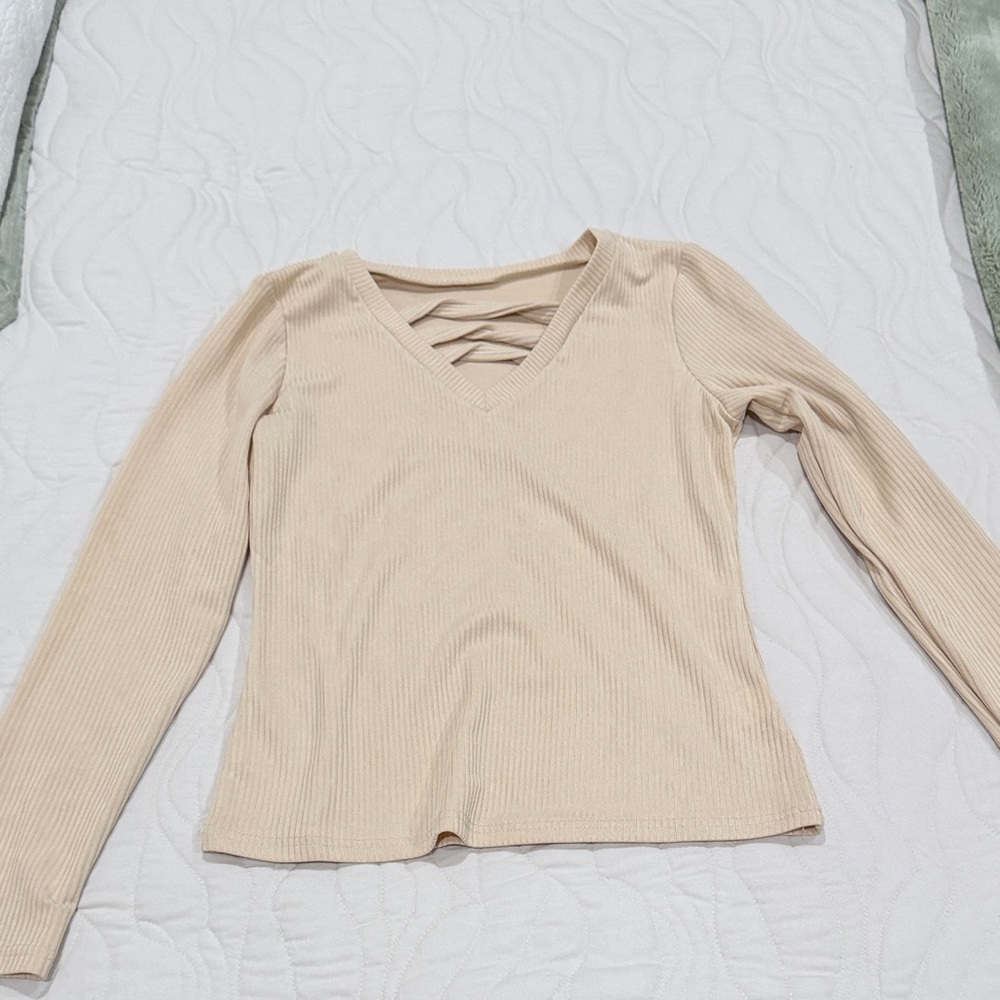 Source Unknown Beige Long Sleeve V-Neck Top